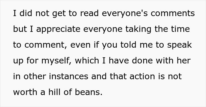 Text about appreciating comments and speaking up, related to MIL screaming at gender reveal event.