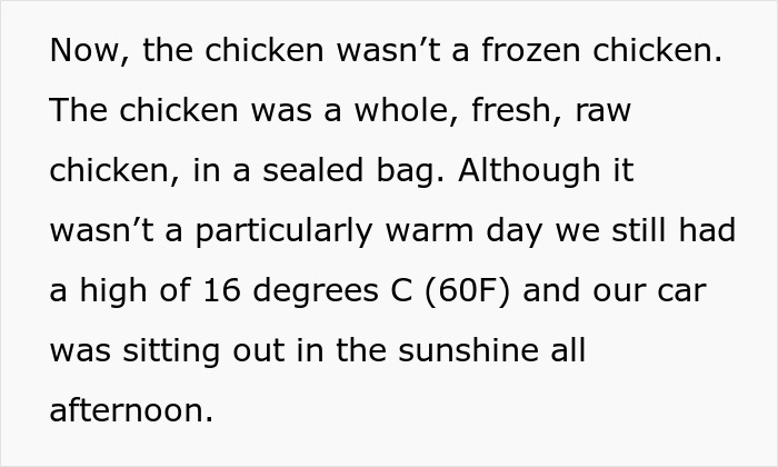 Text describing a raw chicken left in a sealed bag in a car trunk for hours on a warm day, raising biohazard concerns. - 4