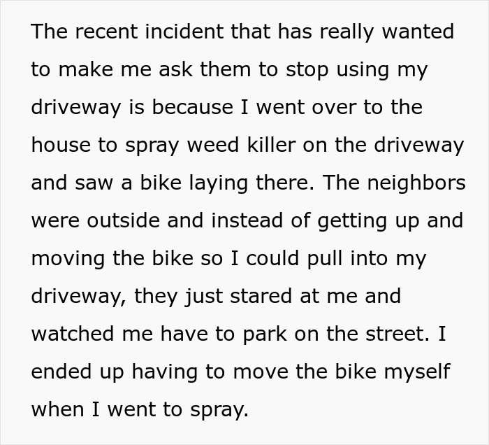 Text sharing a homeowner&rsquo;s frustration as parents treat neighbor&rsquo;s driveway like their own backyard.