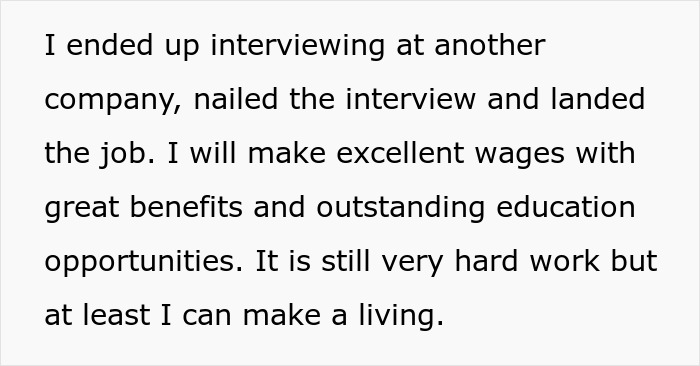 Text about employee leaving company after wage reduction, finding a better job with excellent wages and benefits. - 4