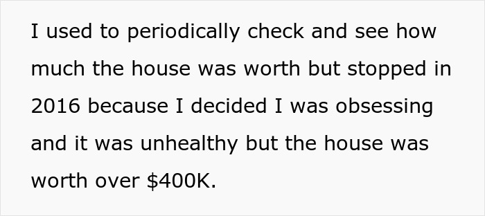 Text excerpt showing a woman reflecting on stopping healthy obsession with house value worth over 400K.