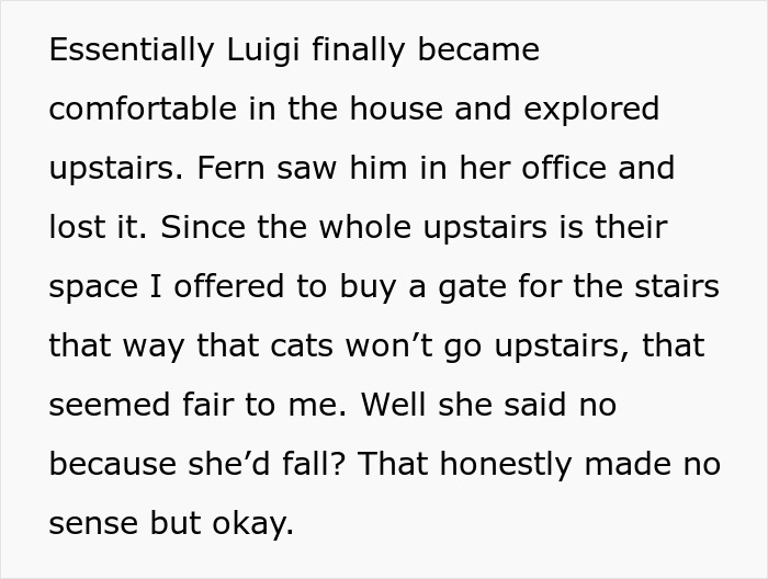 Text excerpt discussing a roommate clash involving cats and the challenge of keeping pets upstairs in a shared house. Text excerpt discussing a roommate clash involving cats and the challenge of keeping pets upstairs in a shared house.
