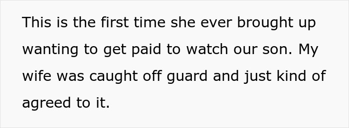 Text about refusing to pay mother-in-law for babysitting toddler, discussing family babysitting payment conflict.