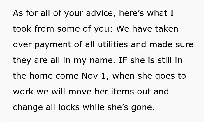 Text message discussing managing utilities and plans to remove aunt from inherited house causing family drama