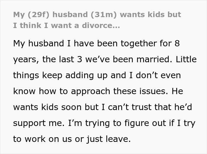 Wife struggles with husband's demand for child and open marriage, considers divorce instead of working on relationship. - 2