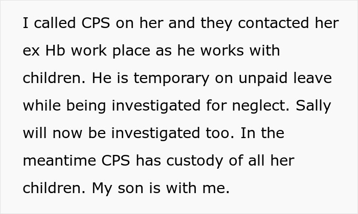 Text about calling CPS on mom during divorce investigation, custody of children, and neglect inquiry underway.
