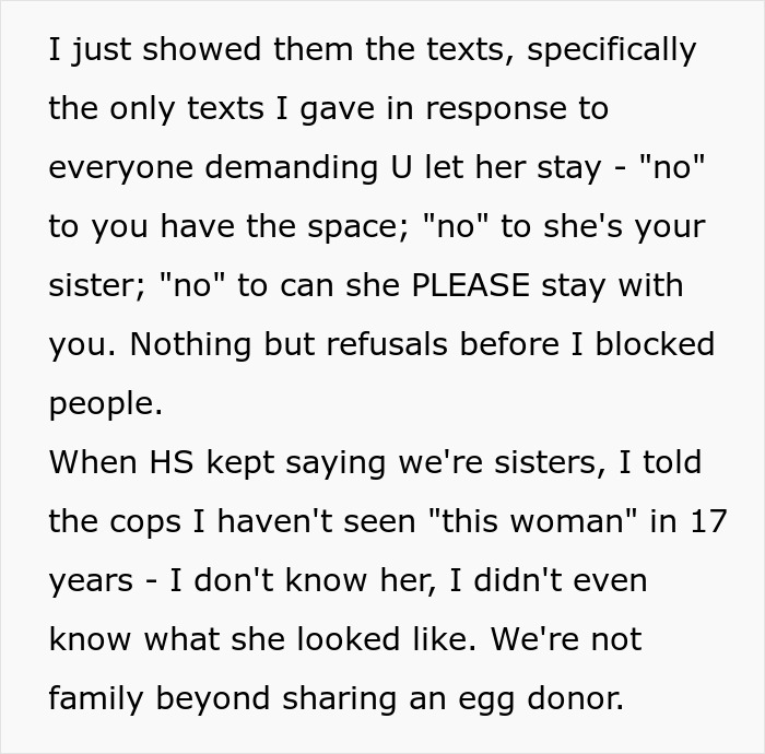 Text message conversation about a woman refusing to help her half-sister who showed up after 17 years. Text message conversation about a woman refusing to help her half-sister who showed up after 17 years.