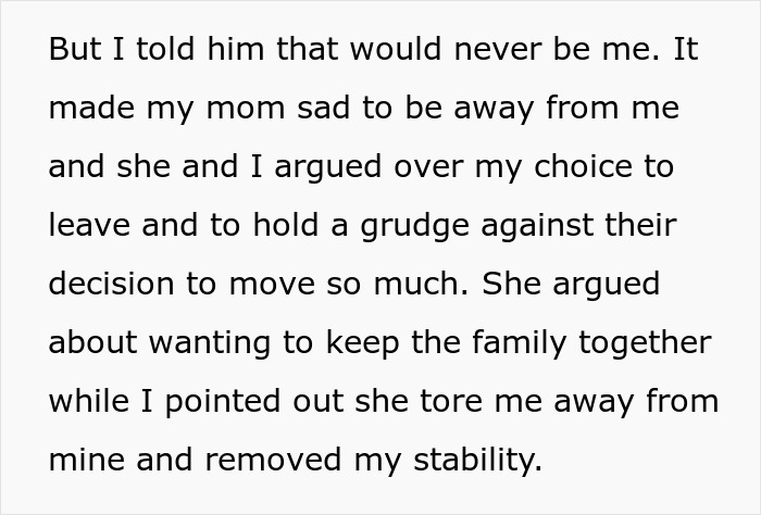 Text excerpt discussing family conflict over relocating and holding grudges, highlighting family drama and stability issues. - 10