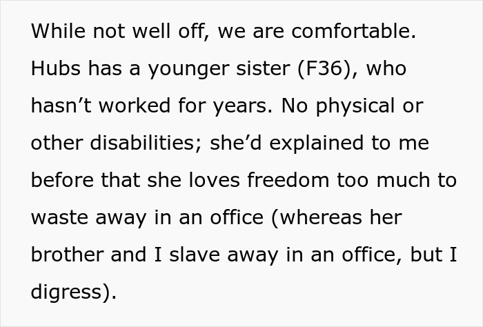 Text excerpt discussing a husband’s freeloader sister who hasn’t worked for years and his wife’s reaction to inheritance issues. - 3