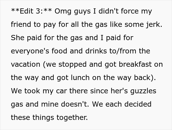 Text message discussing payment details for gas and food during a vacation meant for four causing a rift among travelers. - 18