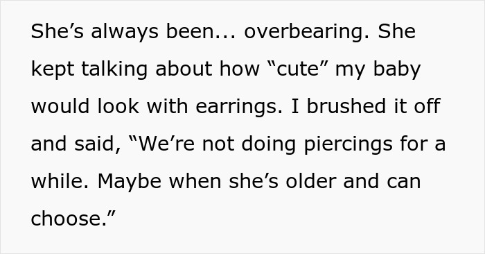 Text excerpt showing a mom describing her overbearing aunt pushing for unlicensed ear piercing on her baby with gold studs visible.