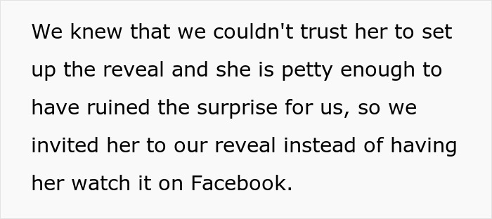 Text about a mother-in-law causing drama at a gender reveal by trying to make it about herself.