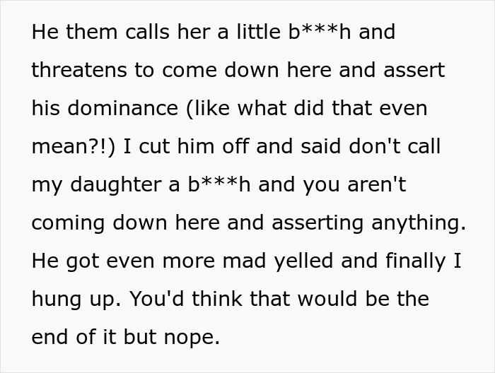 Text excerpt showing a heated argument highlighting refusal and legal consequences involving a deadbeat dad.