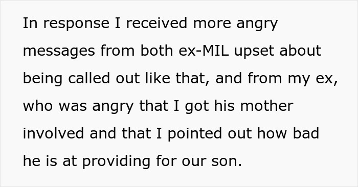 Text screenshot of angry messages from ex’s family after mom claps back about spending his nonexistent money. - 14
