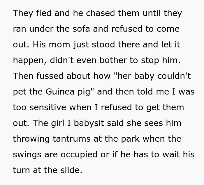Text describing undisciplined kid causing trouble while neighbor refuses to babysit, leading to mom&rsquo;s angry reaction.
