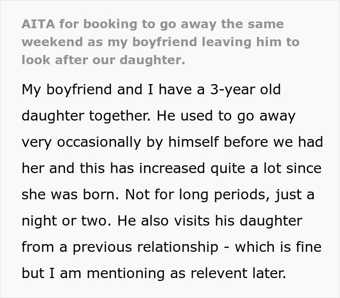 Man cancels girlfriend’s plans to go on a cycle trip instead of watching his daughter, causing relationship tension. Man cancels girlfriend’s plans to go on a cycle trip instead of watching his daughter, causing relationship tension.