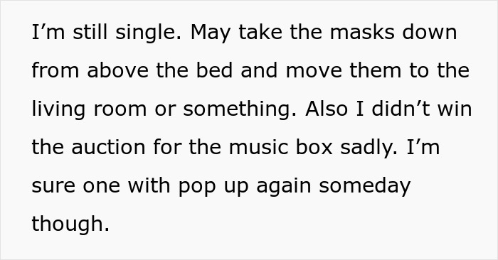 Text from a guy sharing he is still single after arguing with girlfriend over his huge clown collection. Text from a guy sharing he is still single after arguing with girlfriend over his huge clown collection.