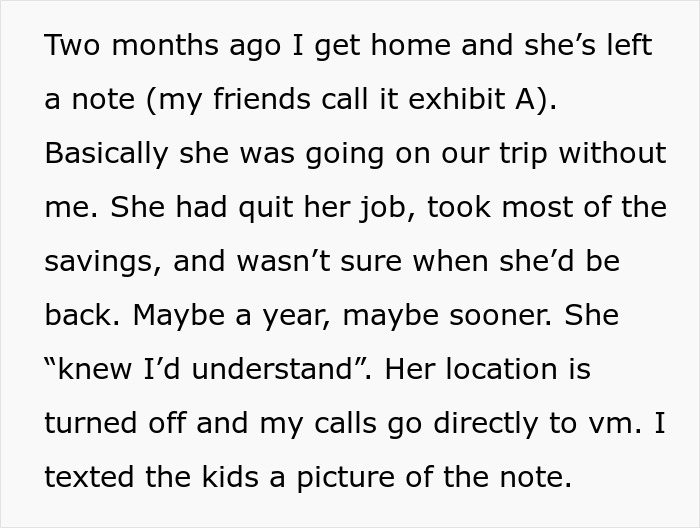 Note left by woman who doesn&rsquo;t tell husband she&rsquo;s leaving to find herself, goes on their dream trip alone without him.