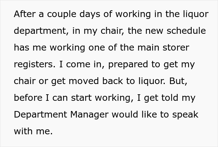 Text excerpt showing a disabled employee preparing for shift, facing an ableist manager refusing accommodations. Text excerpt showing a disabled employee preparing for shift, facing an ableist manager refusing accommodations.