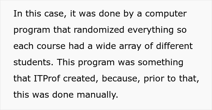 Text describing a computer program that randomized student assignments, ensuring varied class composition for the professor. - 8