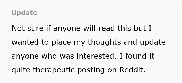 Text snippet from Reddit post update, sharing thoughts on therapeutic benefits of posting about a man canceling plans for a cycle trip. Text snippet from Reddit post update, sharing thoughts on therapeutic benefits of posting about a man canceling plans for a cycle trip.