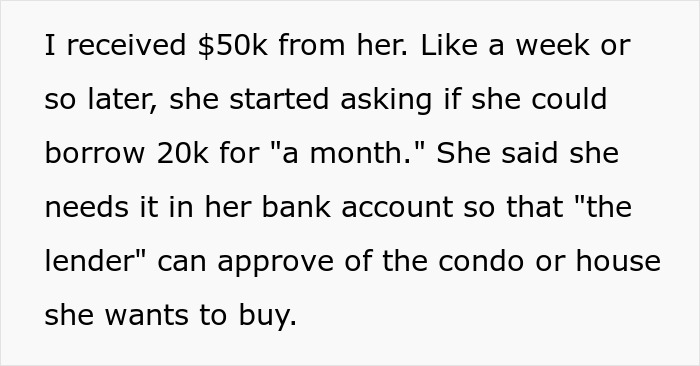 Text discussing receiving $50k and borrowing $20k, related to a mom embezzling daughter's inheritance and gaslighting after exposure.