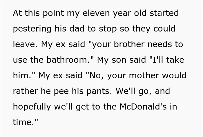 Text excerpt about a lady refusing her ex's stepkid bathroom use, suspecting he wants to snoop.