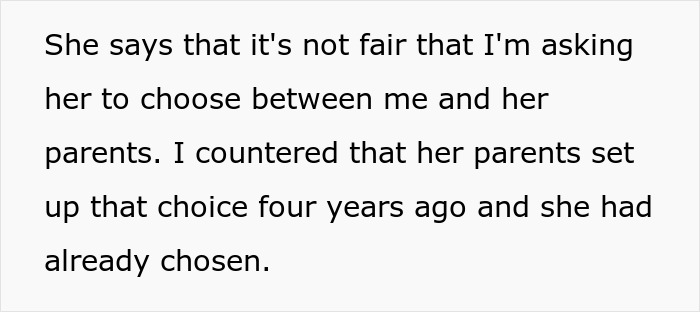 Text paragraph about unfair choice between partner and her parents, relating to false accusation wife father conflict.