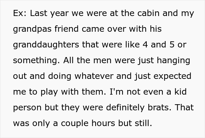 Text excerpt describing a teen explaining why they refuse unpaid babysitting and their family trip refusal.