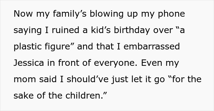 Text message discussing family upset after brother cut party short due to broken sentimental toy, causing tension.