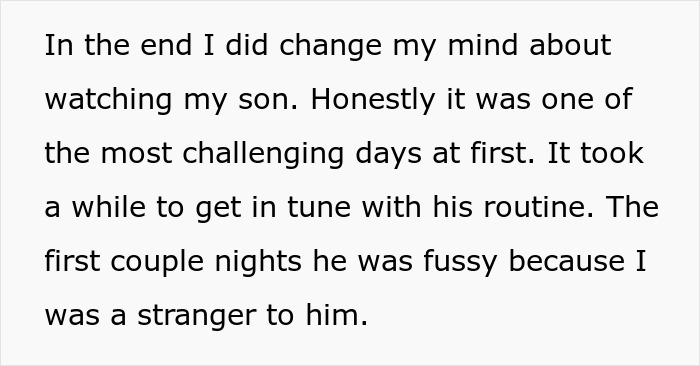 Text describing the bio dad refusing to babysit, sharing family drama about adjusting to caring for his son and building a routine.