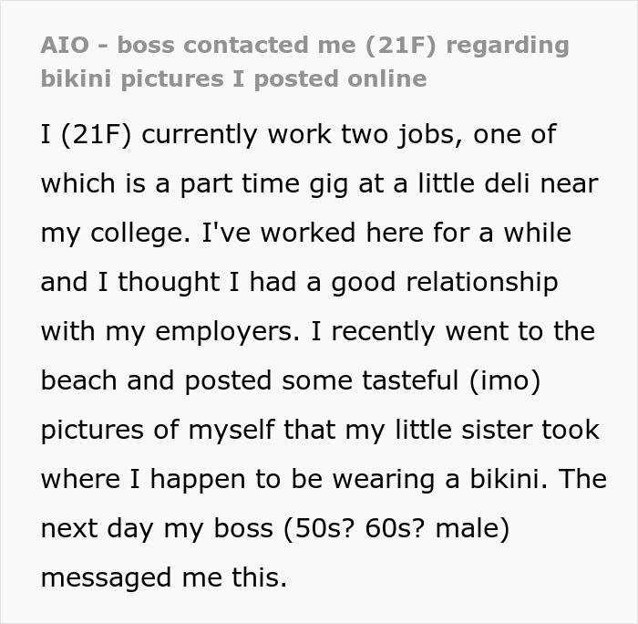 Text excerpt showing a young employee's story about her boss not wanting employee bikini pictures posted online. - 2