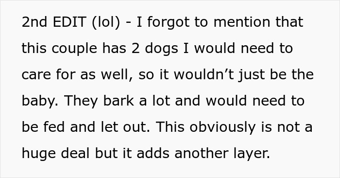Text about nanny needing to care for baby and two dogs, highlighting extra responsibilities in overnight work request. - 11
