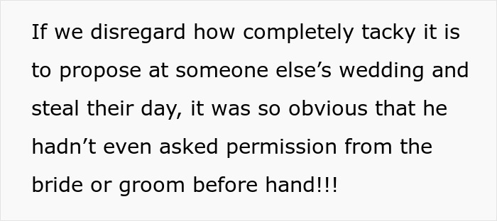 Man plans public proposal at wedding without asking, causing bride to cry and girlfriend to feel embarrassed. - 10