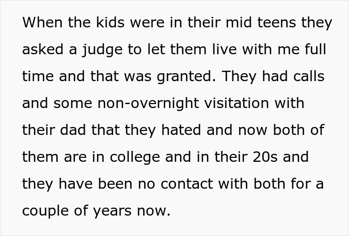 Text excerpt about kids choosing no contact with their dad after marriage issues, highlighting family and no-contact situation.