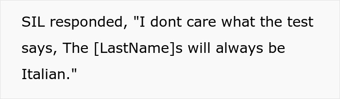 Text showing a conversation disputing genetic heritage information about family origin with inlaws. - 14