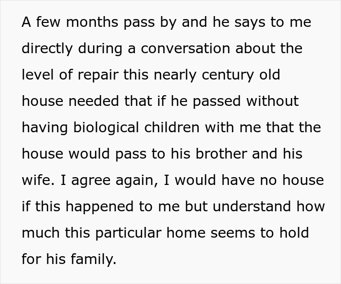 Text excerpt about a man discussing prenup terms and family inheritance concerns during a long-term relationship.