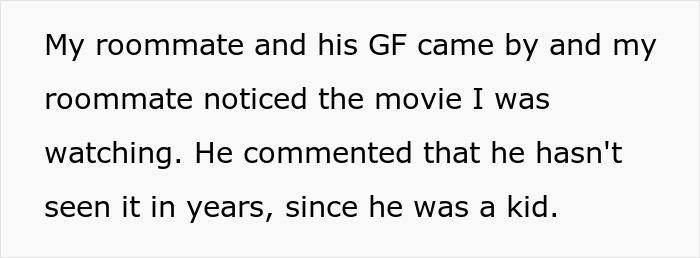 Text on screen showing a man&rsquo;s roommate reacting to watching Jurassic Park, with dinosaur disbelief implied.