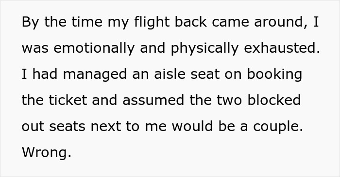 Text on a white background describing emotional and physical exhaustion during a flight, related to woman blamed for rowdy kids. - 3