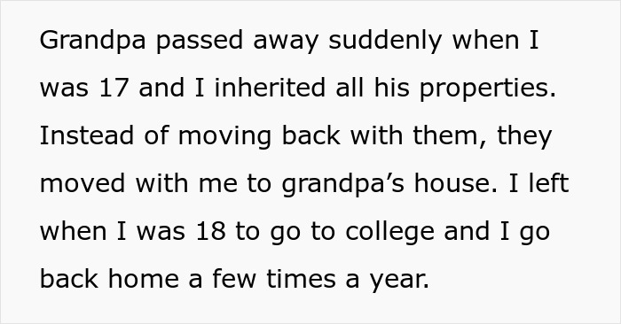 Text describing a family dispute involving father and son over changing house locks and police involvement.