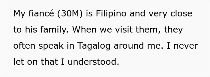 Text describing a fiancé overhearing family trash talk in Tagalog, shocking them by understanding and replying.