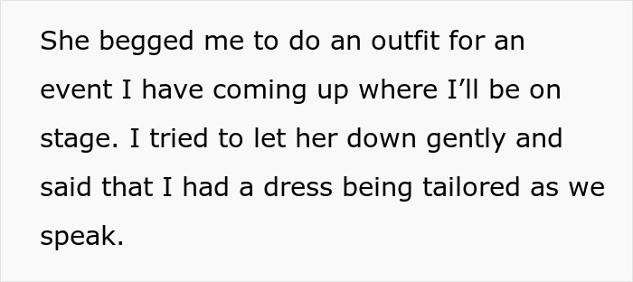 Text excerpt discussing a woman refusing to wear her niece&rsquo;s handmade dress for a career event, citing quality concerns.