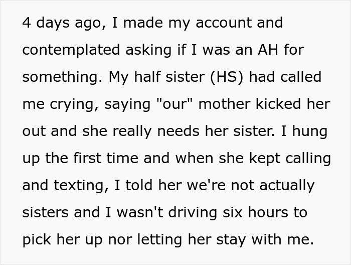 Text excerpt about a woman refusing to help her half-sister who shows up asking to be taken in after 17 years. Text excerpt about a woman refusing to help her half-sister who shows up asking to be taken in after 17 years.