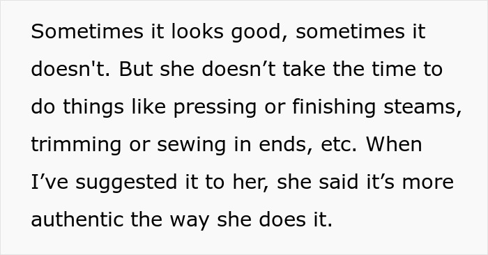 Text discussing a woman refusing to wear her niece&rsquo;s handmade dress for a career event due to quality concerns.