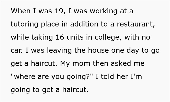 Text excerpt describing a young woman juggling multiple jobs and college, hinting at family conflict involving inheritance and gaslighting.