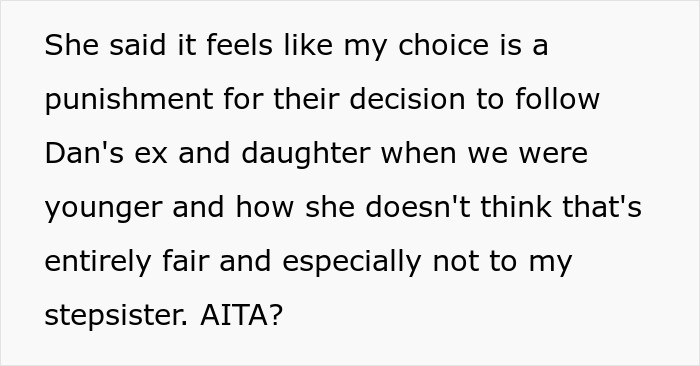Text on a white background discussing a stepsister and family drama over relocation, related to a guy refusing to relocate wedding. - 18