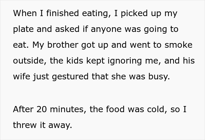 Text excerpt showing family&rsquo;s entitled behavior leading to hunger and frustration after being ignored at the dining table.