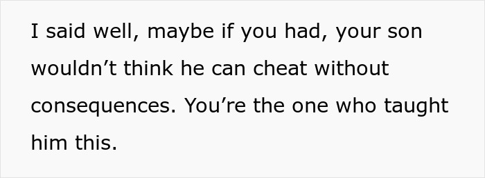 Text excerpt showing a heated discussion about teaching a son that cheating is acceptable and consequences are overlooked.