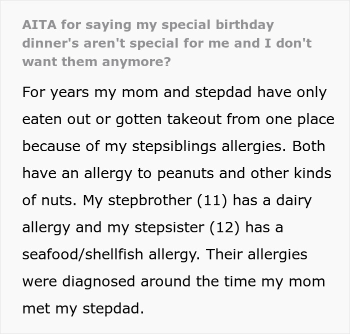 Text excerpt about teen's birthday ignored by parents due to stepkids' allergies, expressing frustration over boring food choices.