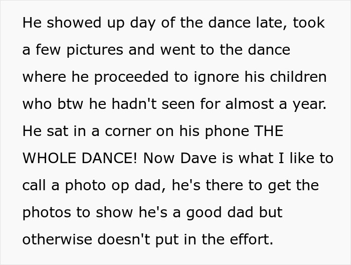 Man labeled a deadbeat dad ignoring children at dance, facing legal consequences for refusing to grant wife a small favor.